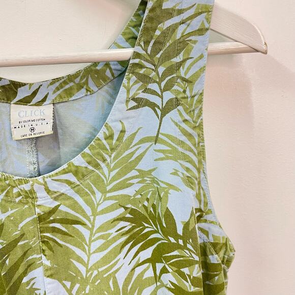 CLICK by CMC Sz M Green Blue Leaf Botanical Print Scoop Neck A-Line Short Dress - Picture 2 of 8